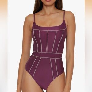 BECCA One Piece Swimsuit Women's SMALL Removable Cups Back Hook Aubergine NEW